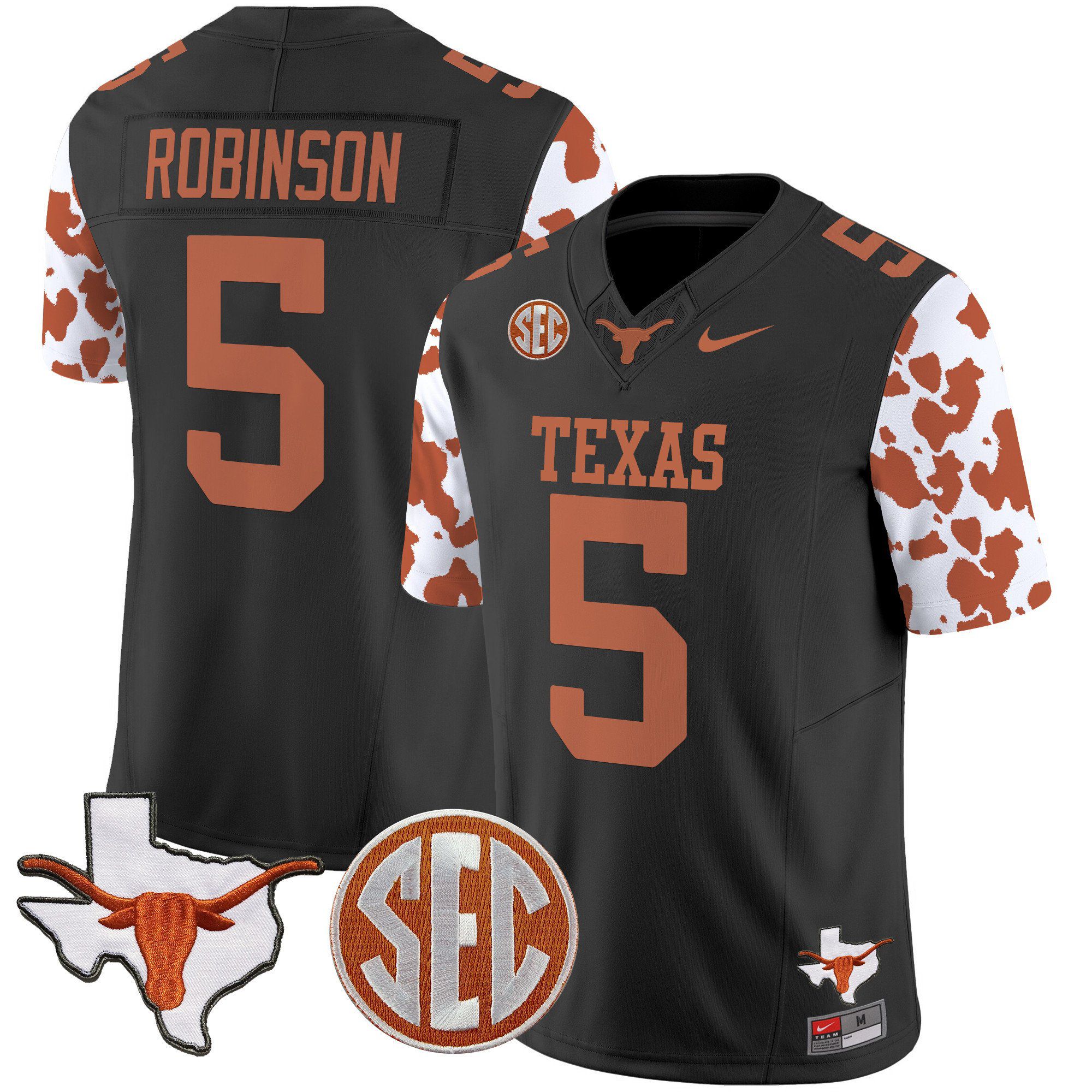 Men Texas Longhorns #5 Robinson Black 2024 Nike Cow Spots Vapor Limited NCAA Jersey